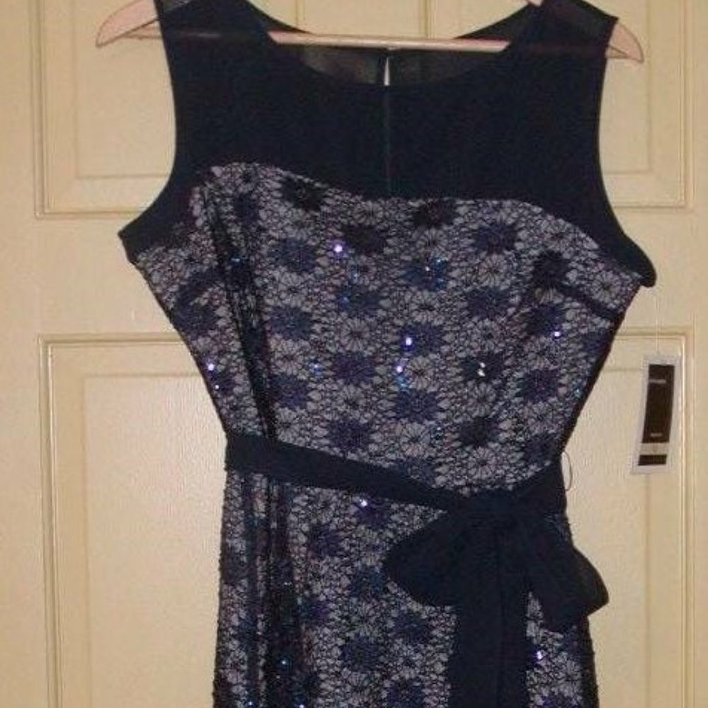 JULIAN TAYLOR WOMENS NAVY SEQUIN FIT FLARE A-LINE OVERLAY DRESS SZ 12 NWT! - Picture 1 of 9